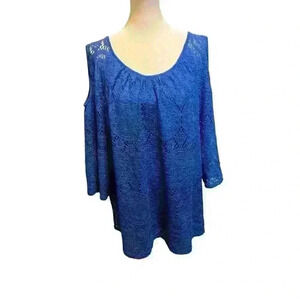 Roz & Ali Women's 3X Cold Shoulder Blouse Blue Lace Design 3/4 Sleeves